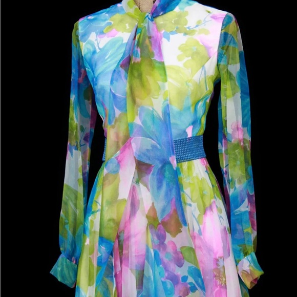 Vtg 60s 70s Boho Hippie Blue Floral Chiffon dress PROM Wedding Party Jack Bryan - Picture 7 of 7